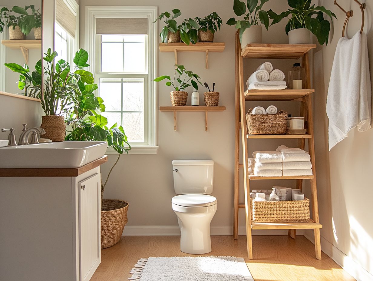 Clever storage ideas for small bathrooms including shelves, organizers, and bins