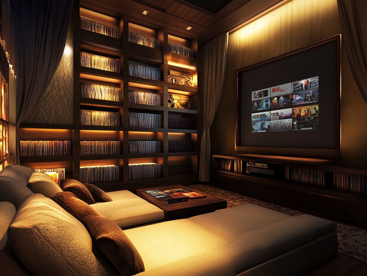 Stylish floating shelves in a movie room for decorative storage