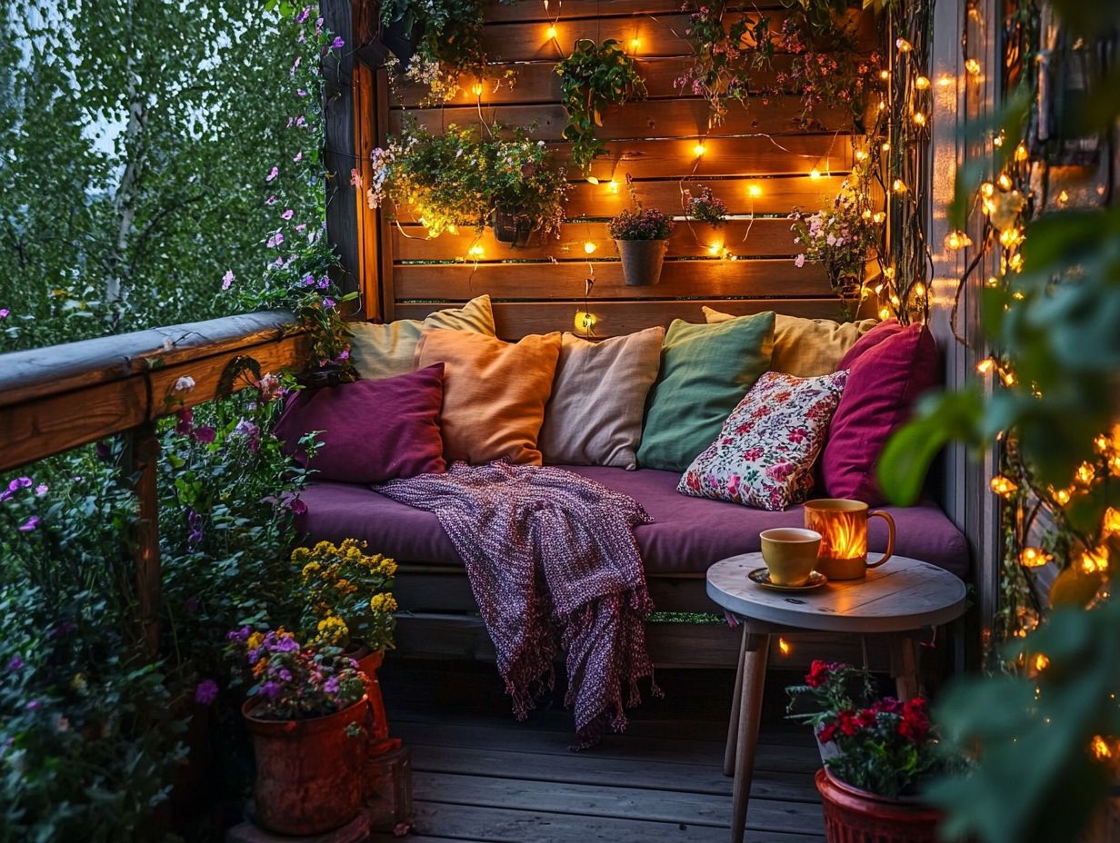 An inviting outdoor nook filled with cozy furniture and greenery