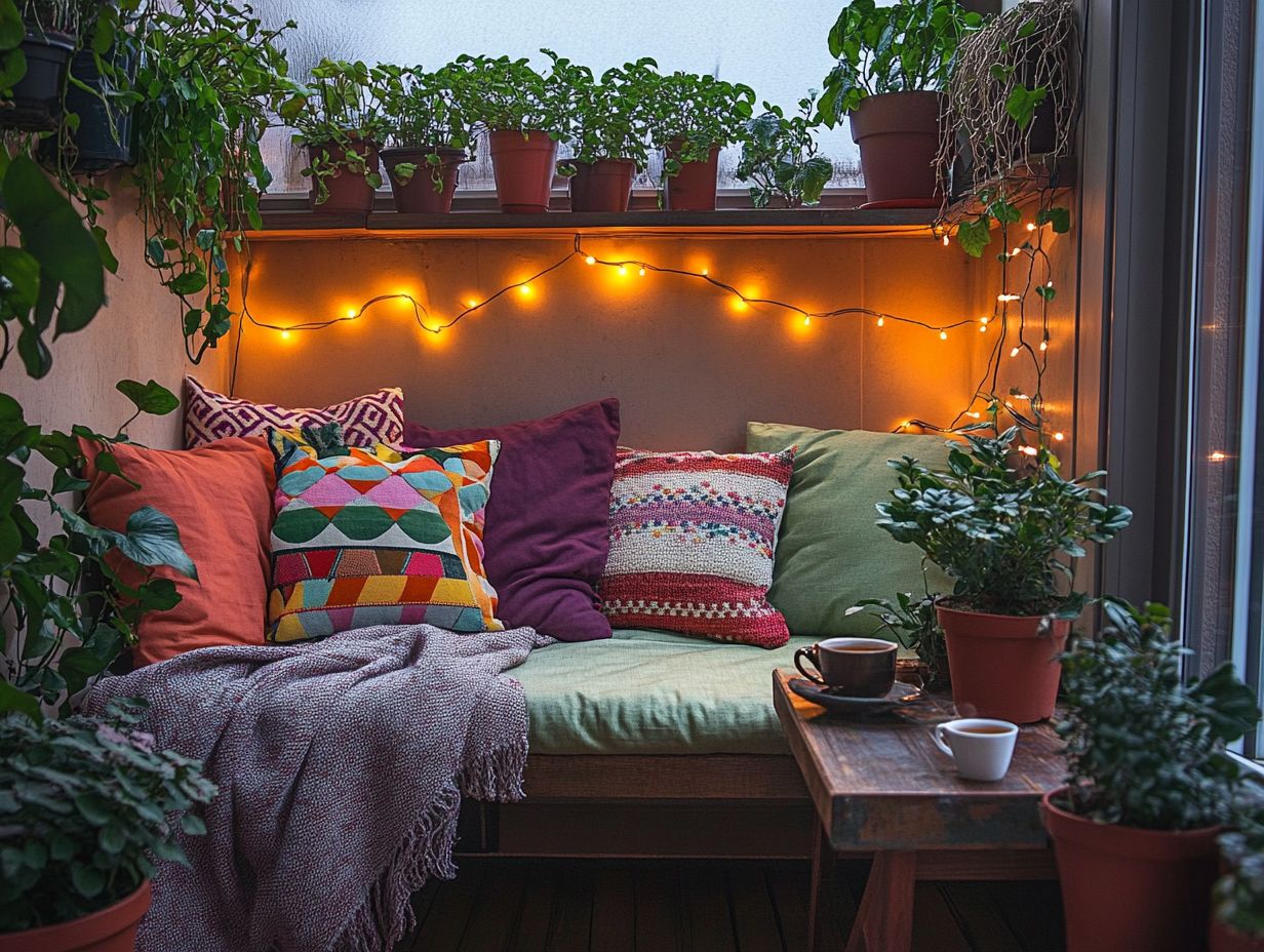 A beautifully designed outdoor nook with cozy furniture and plants.