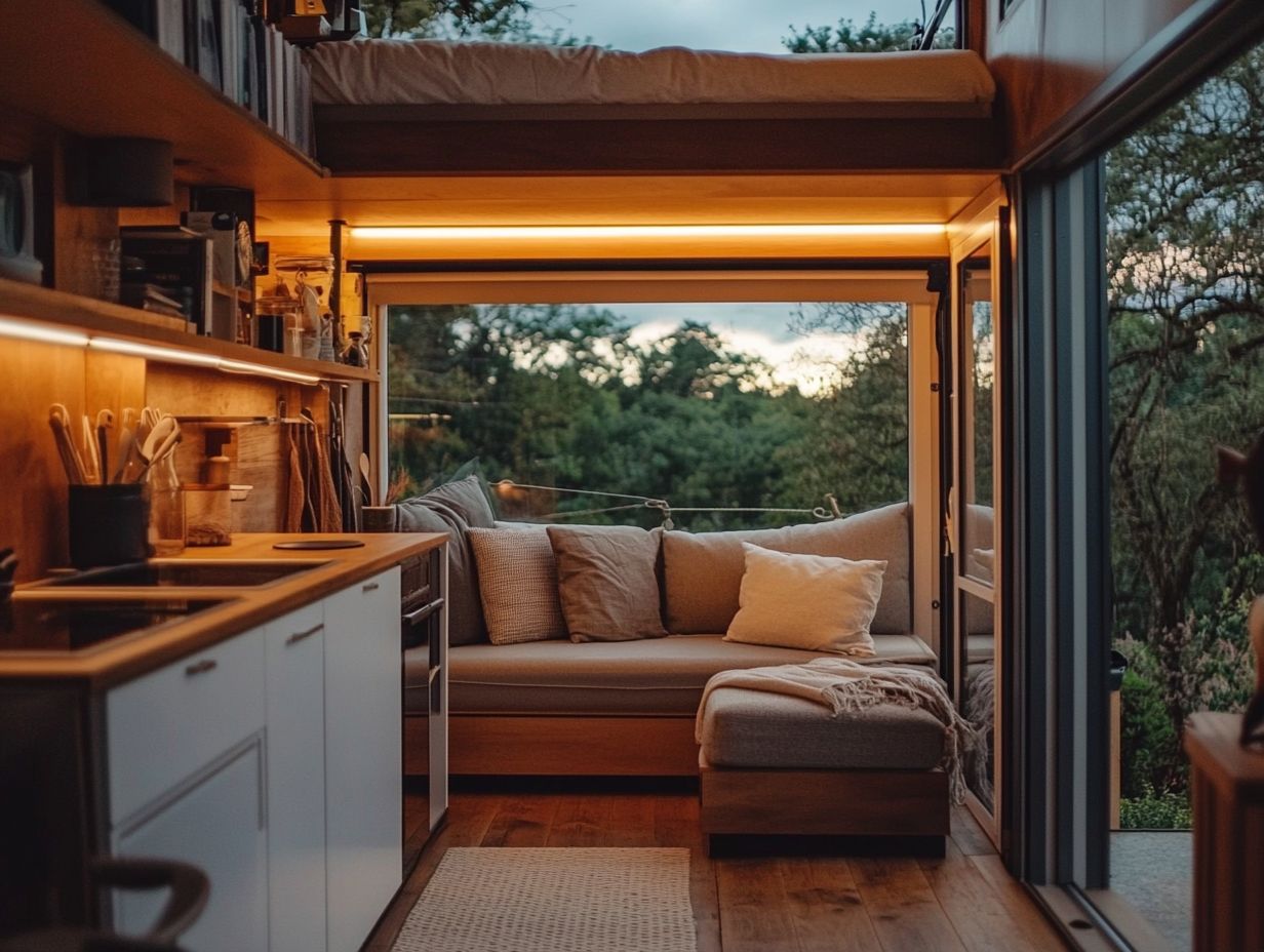 A beautifully styled tiny house interior showing clever storage solutions and design elements.