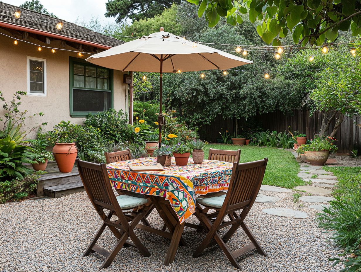 A beautifully decorated outdoor dining area with ambient lighting and vibrant table runners