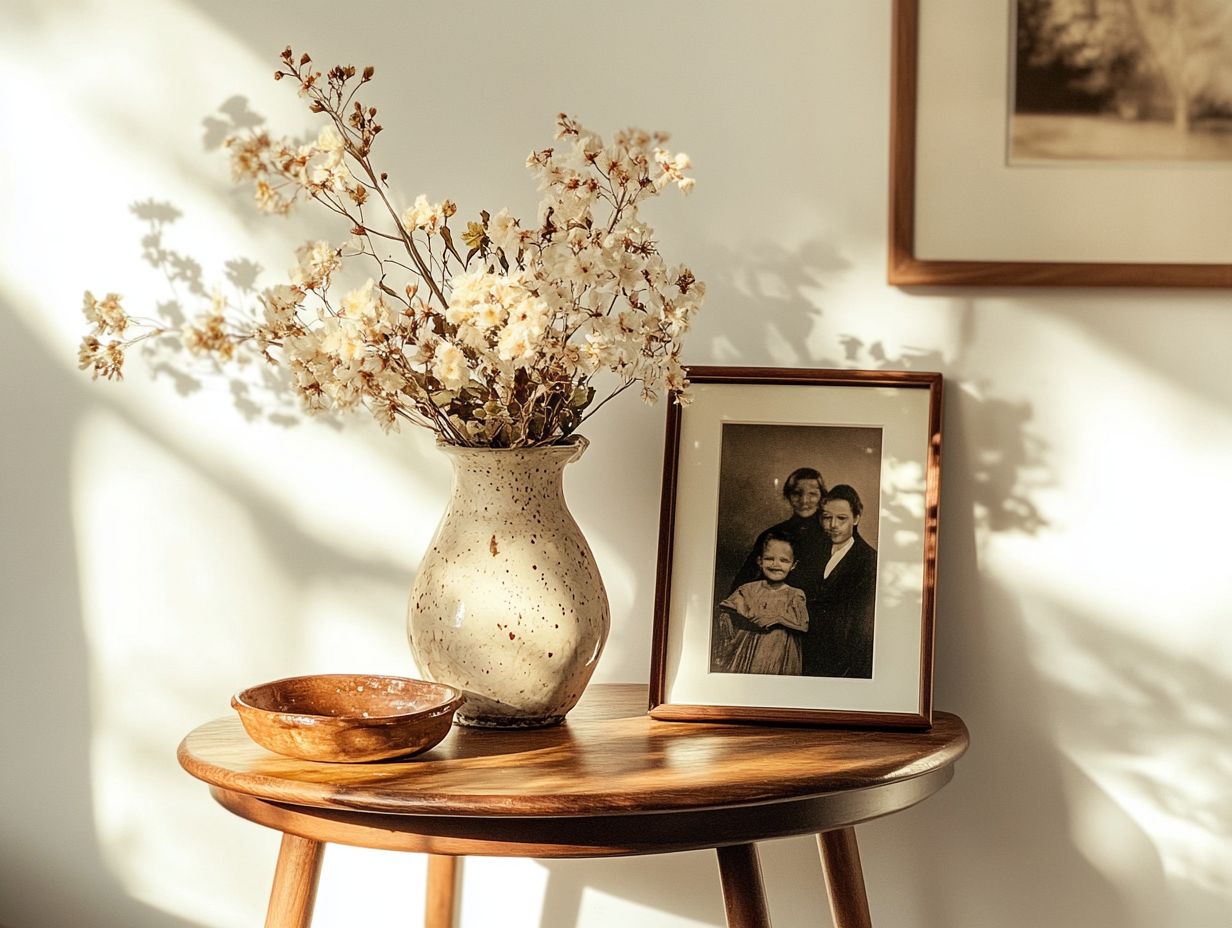 A creative display of family heirlooms in tiny decor.