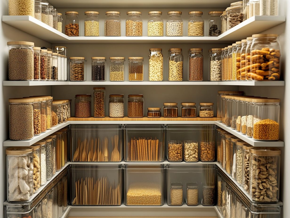 A well-organized small pantry with clear containers and labels.