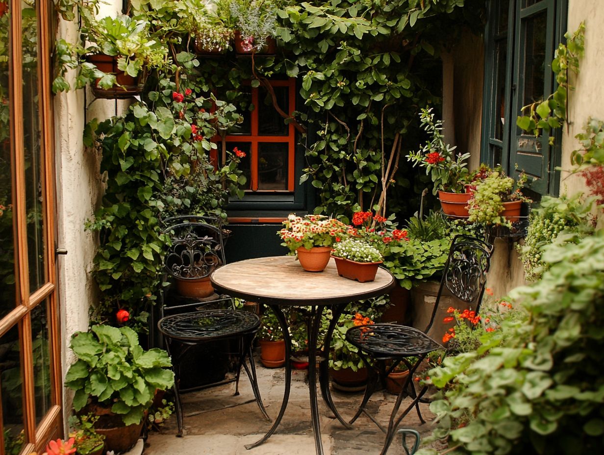 Illustration of plants integrated with outdoor furniture in a small space