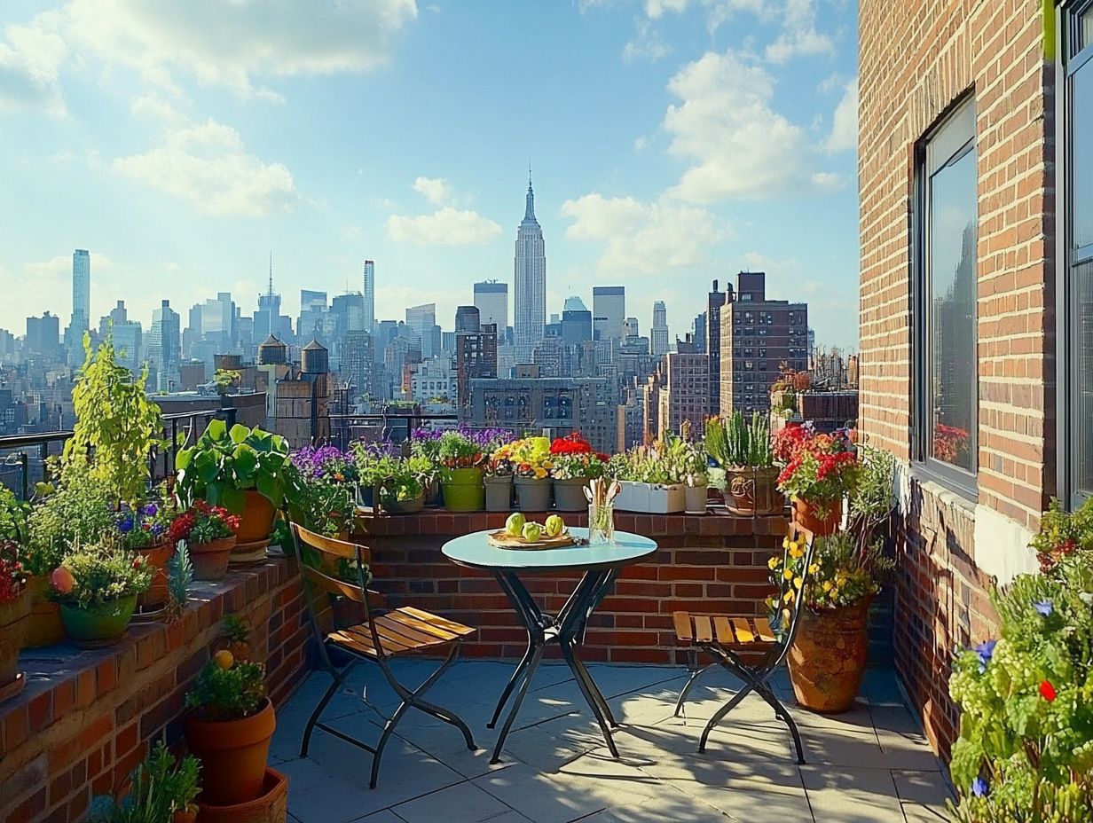 A variety of space-saving furniture options displayed on a rooftop terrace.