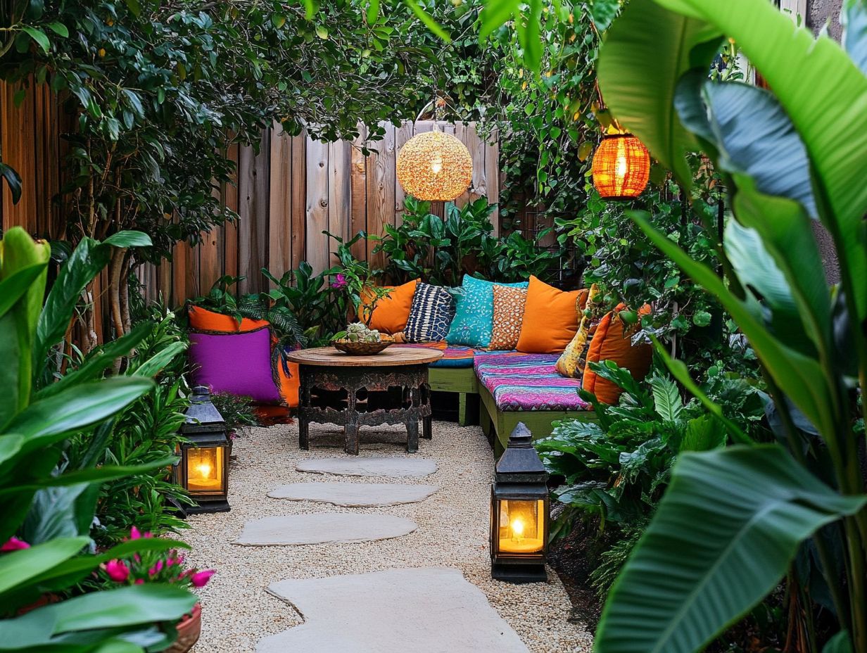 Built-in seating in a cozy outdoor kitchen.