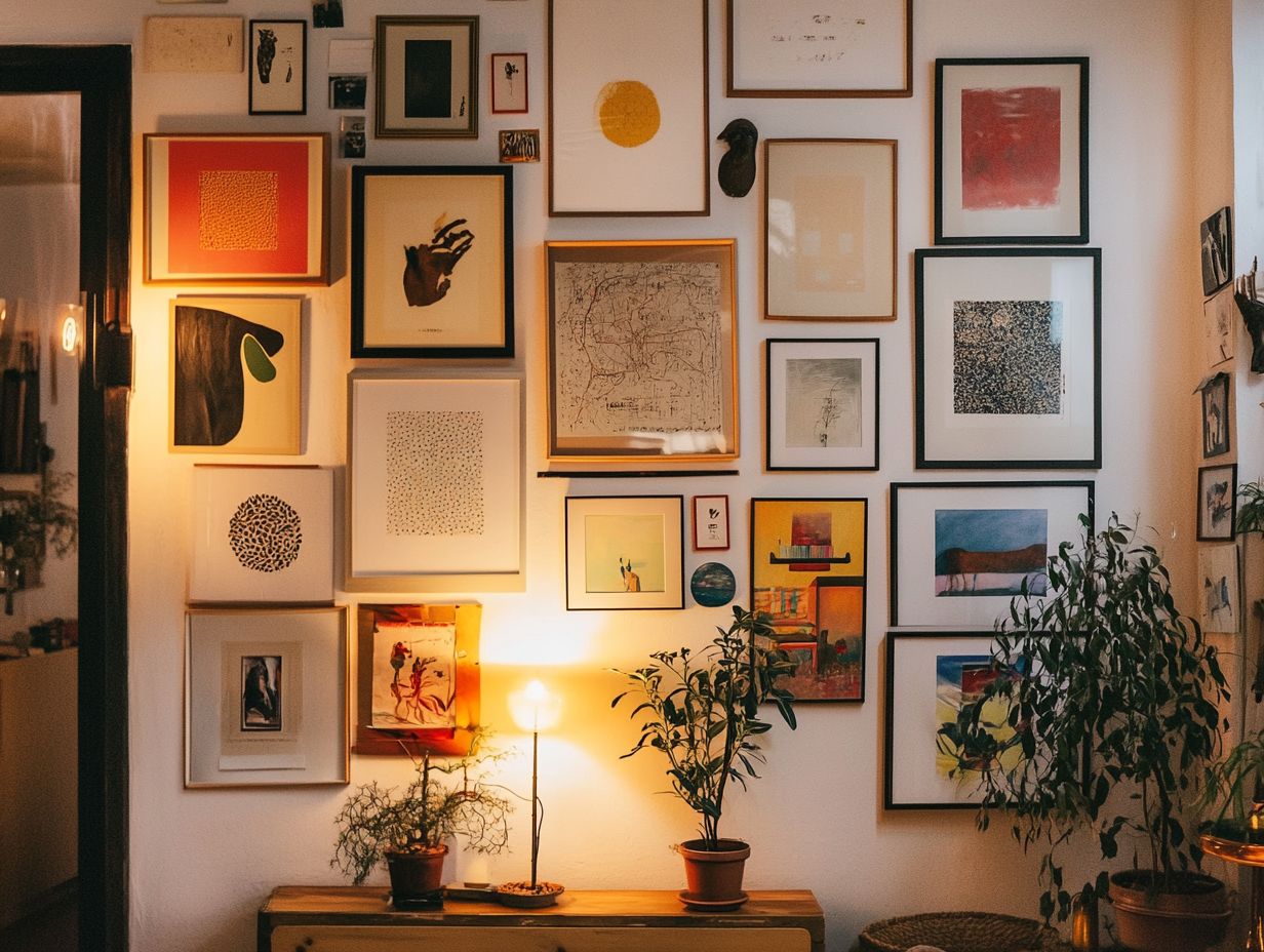 Gallery wall in a tiny home setting showcasing various art styles