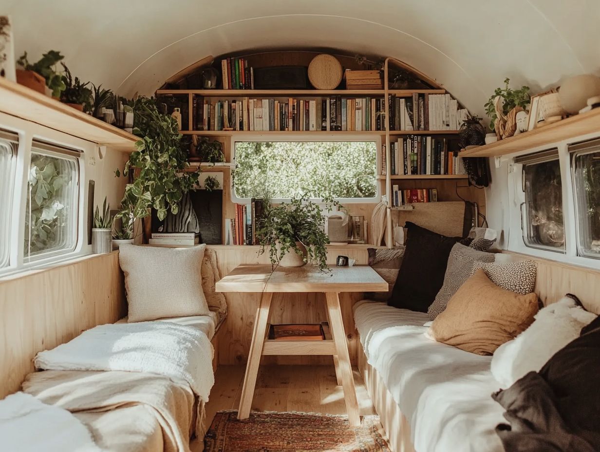 A cozy tiny house interior showcasing minimalist decor with natural elements