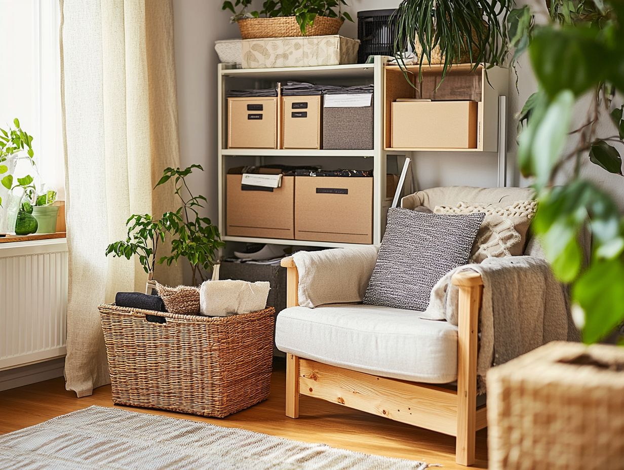 A bright and organized living space showcasing effective storage solutions.