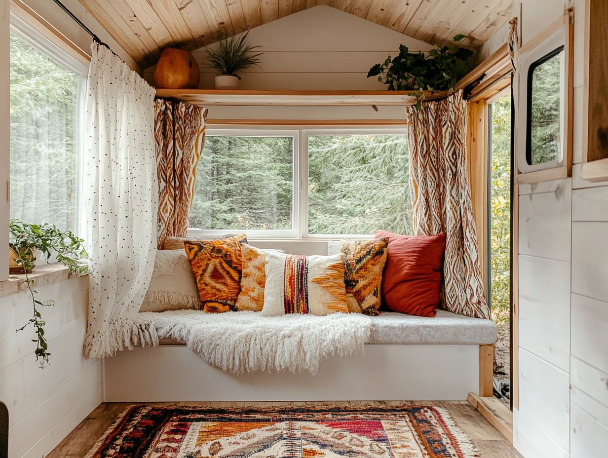 Colorful textiles enhancing a cozy tiny house space