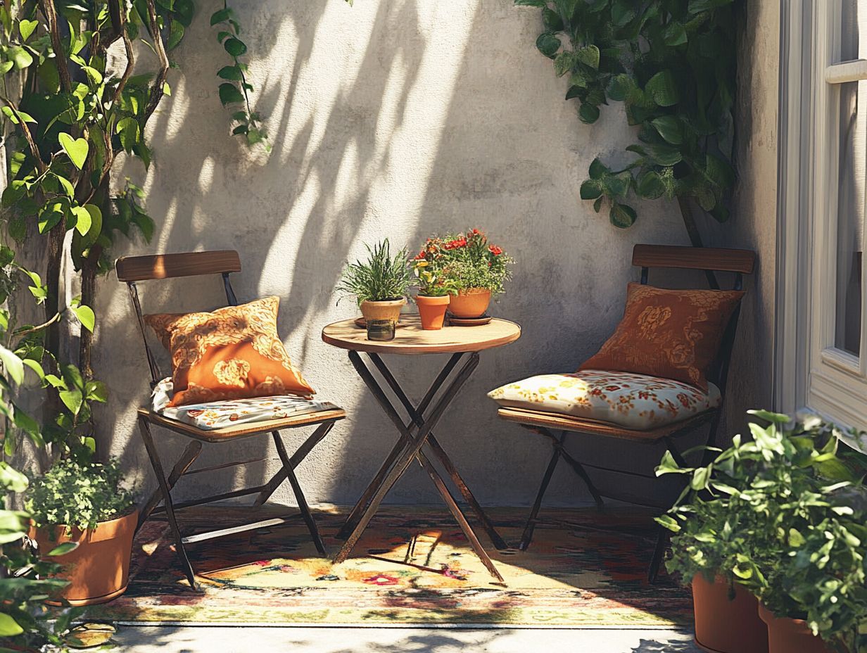 A vibrant outdoor space showcasing colorful furniture and decor patterns.