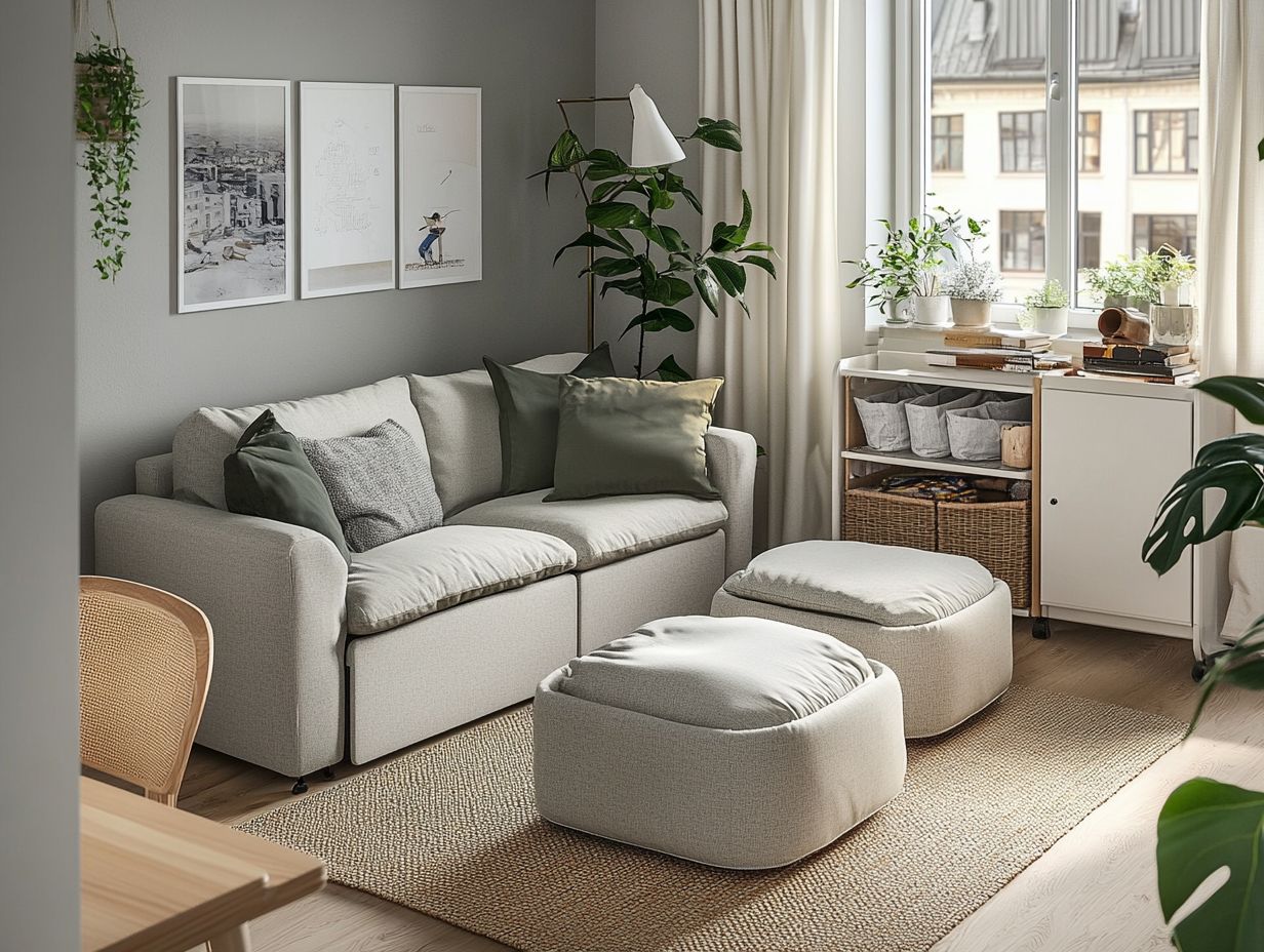 A stylish compact living space showcasing furniture arrangements and storage solutions.