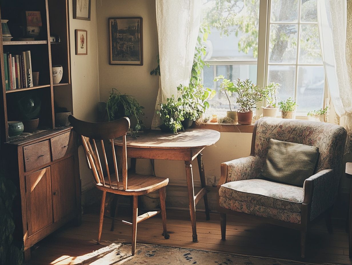 A cozy tiny home featuring vintage furniture.